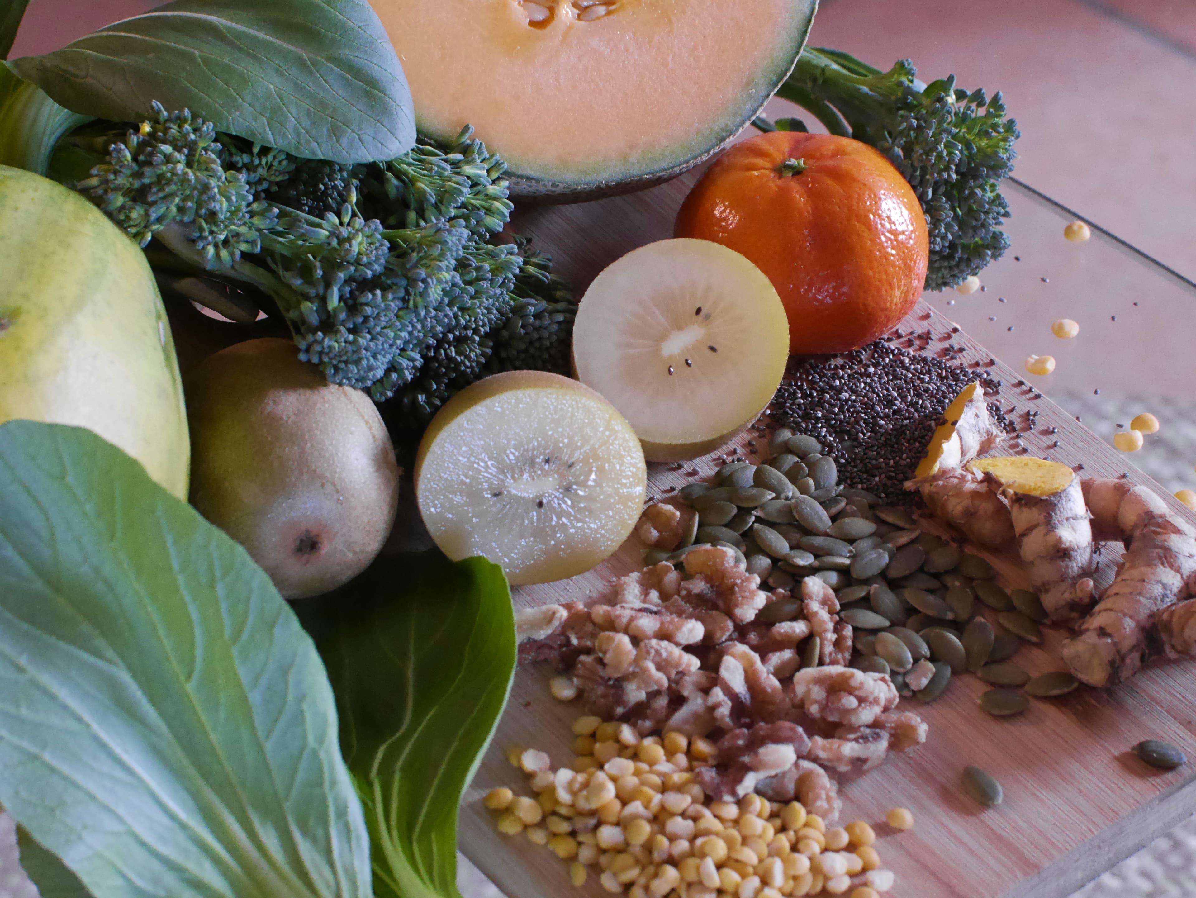 A collection of fruit, vegetables, tubers and seeds.